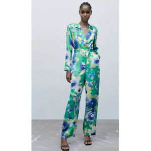 NWT ZARA Collared Floral Print Jumpsuit Green Multicolor Long Sleeve Size XS